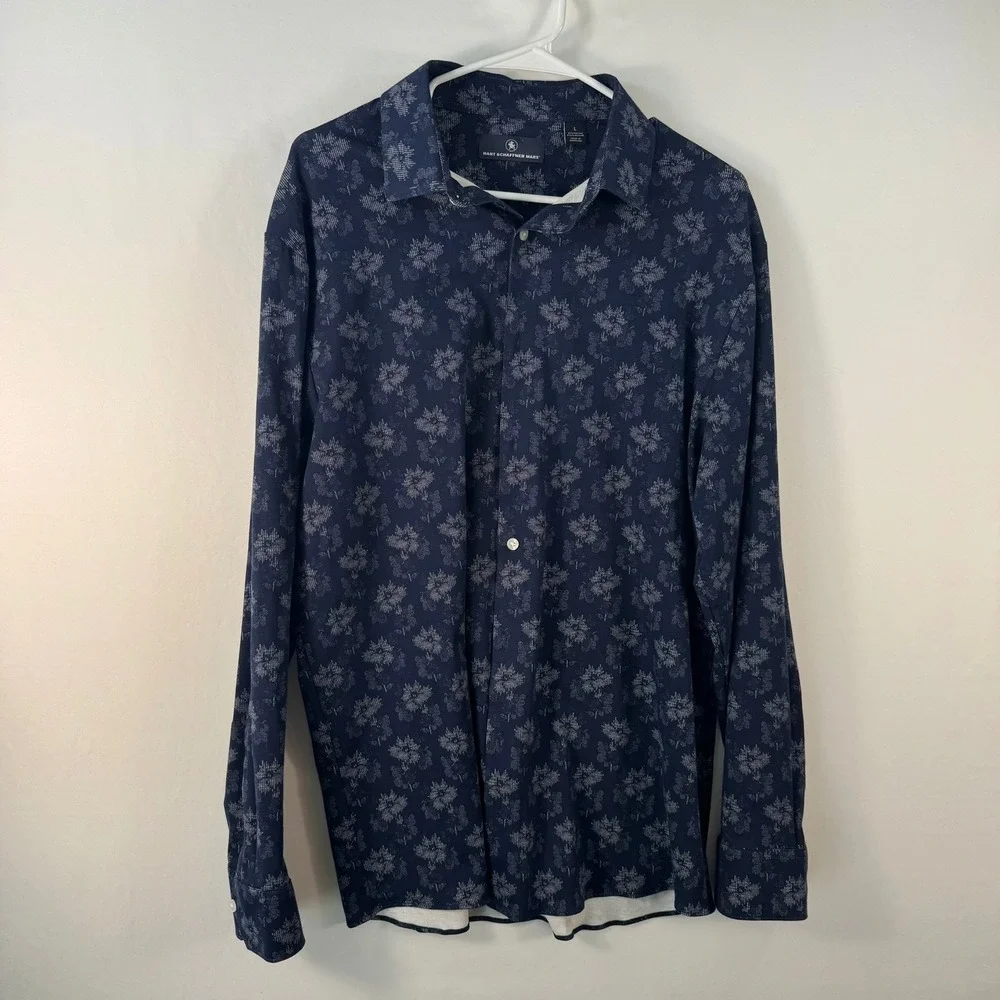 Hart Schaffner Marx Mens Large Navy Blue Floral Stretch Long Sleeve Button Shirt
